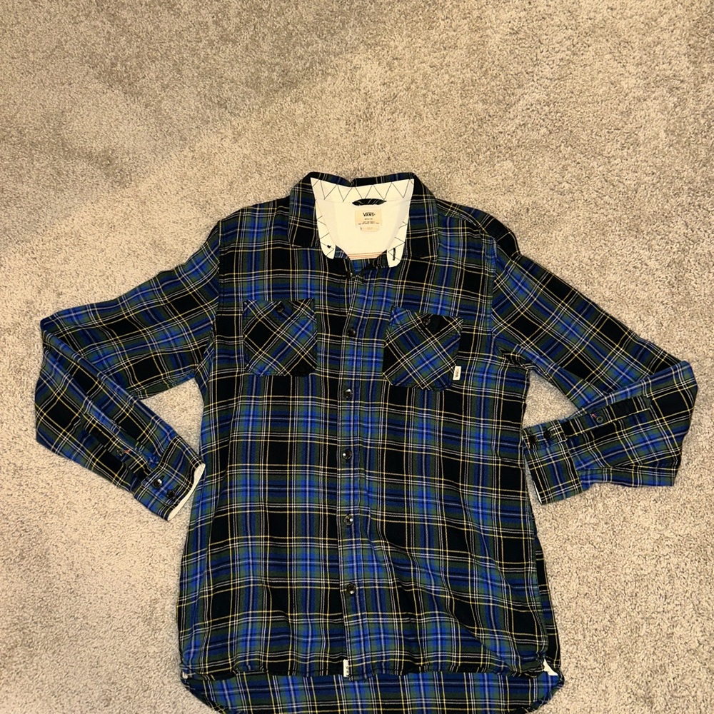 Vans Men's Blue and Black Plaid Button Down Shirt